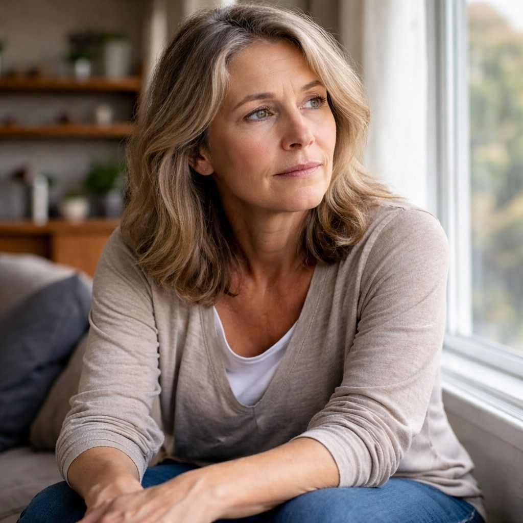Woman at home with thoughtful expression